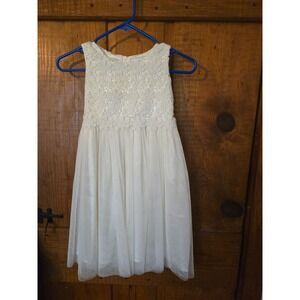 POPATU Girls Ivory Floral Lace Tulle Flower Girl Party Dress Size 8 White